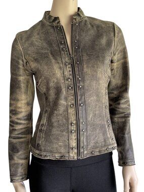 DANIER Distressed Leather Moto Jacket Studded Biker Coat Butter Soft Size P XS